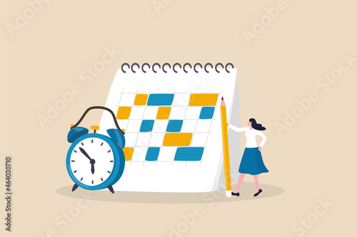 Work schedule or syllabus calendar, planning for appointment and event, project management timeline, or business deadline reminder concept, woman holding pencil with schedule calendar and alarm clock.