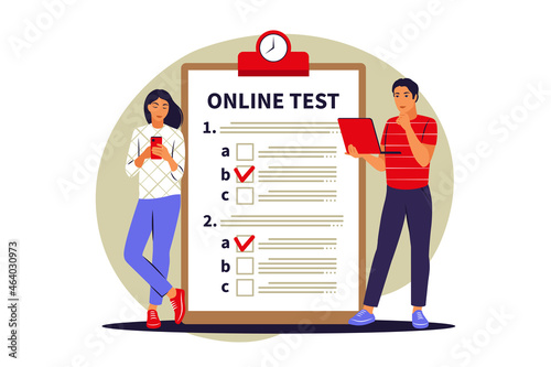 Concept online testing, e-learning, examination on computer or phone. Vector illustration. Flat