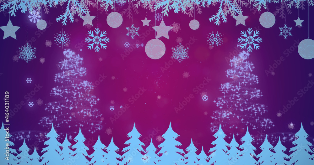 Image of snow falling christmas tree pattern on purple background