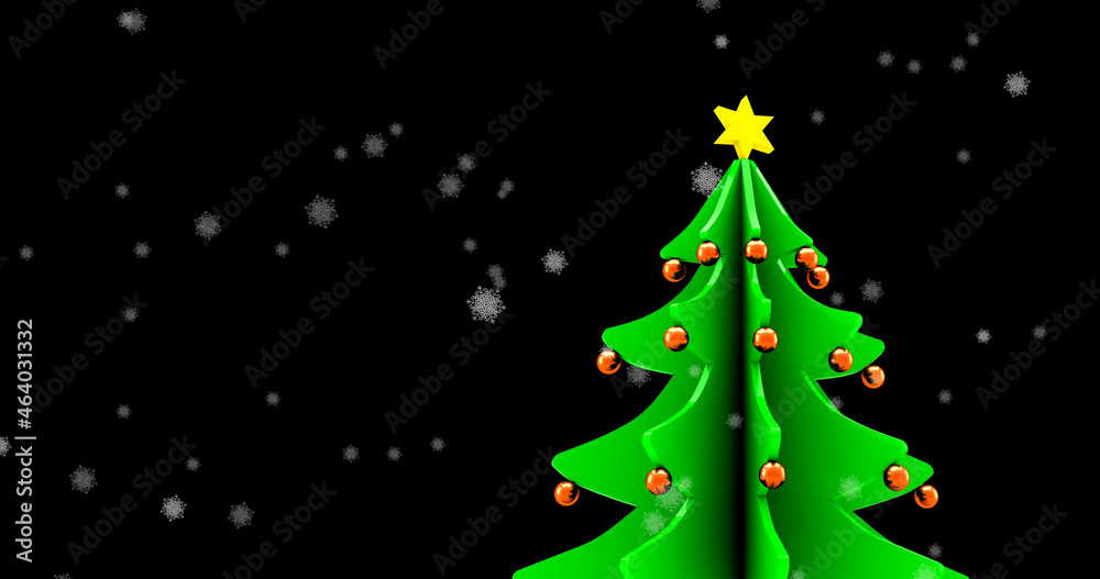 Image of snow falling over christmas tree on dark background
