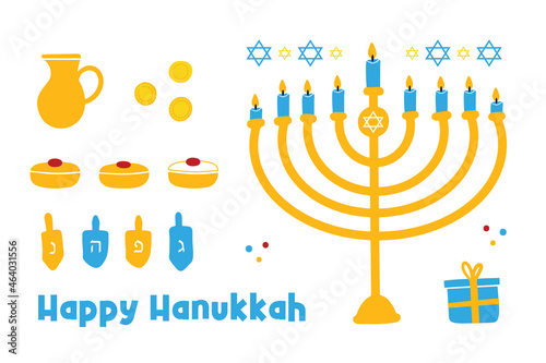 Set, collection of cute and colorful Hanukkah vector design elements.
Menorah with nine lighting candles, david stars, dreidels, coins, sufganiyot, gift.
