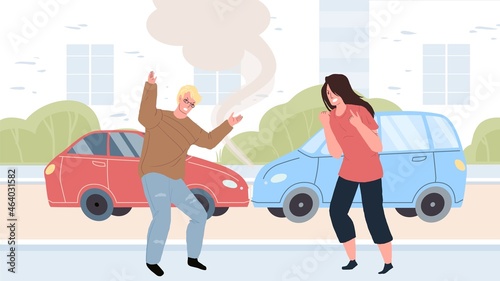 Vector cartoon flat pair of characters quarreling,arguing in car accident conflict scene.Anger management,communication,social behavior and psychology concept,web site banner ad design