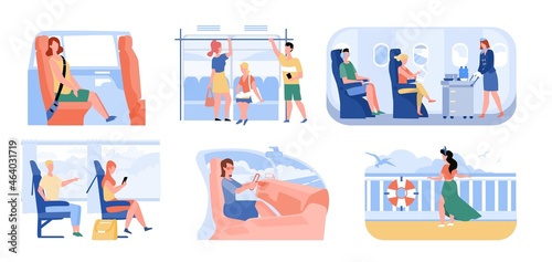 Passenger inside, train, bus, subway, plane, car or cruise ship set. People using public city and touristic transport flat vector illustration