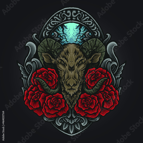 artwork illustration and t shirt design goat and rose engraving ornament