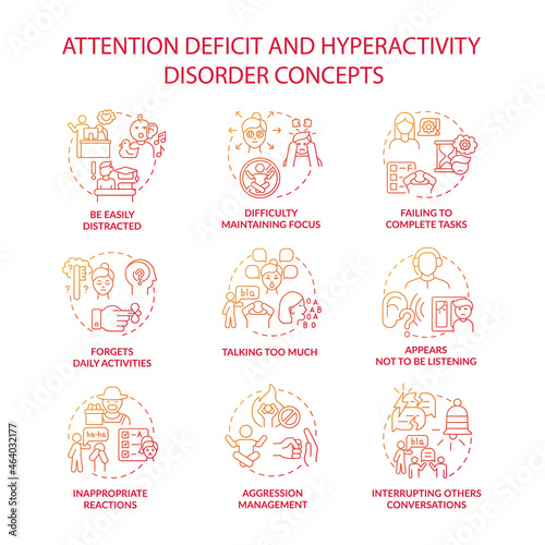 Attention deficit and hyperactivity disorder concept icons set. Emotions management idea thin line color illustrations. Forgets deadlines. Inappropriate reactions. Vector isolated outline drawings photo