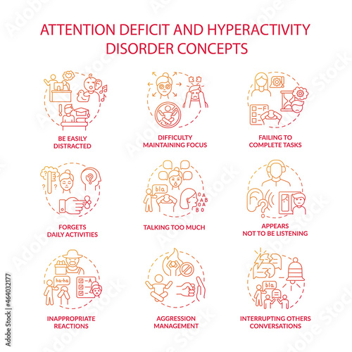 Attention deficit and hyperactivity disorder concept icons set. Emotions management idea thin line color illustrations. Forgets deadlines. Inappropriate reactions. Vector isolated outline drawings