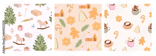 Collection of holidays seamless pattern with Seasonal cozy hygge home decor and food. Perfect for Merry Christmas, Happy New Year, holidays wrapping papper. Editable vector illustration.