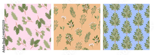 Collection of holidays seamless pattern with Seasonal plants. Perfect for Merry Christmas, Happy New Year, holidays wrapping papper. Editable vector illustration.
