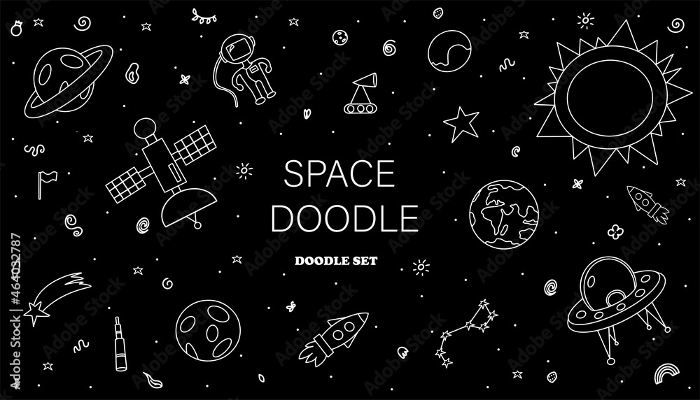 Hand draw space illustration with a rocket, astronaut, planets Cute, children s vector drawing Doodle icons Kid s elements for scrap-booking. Childish background