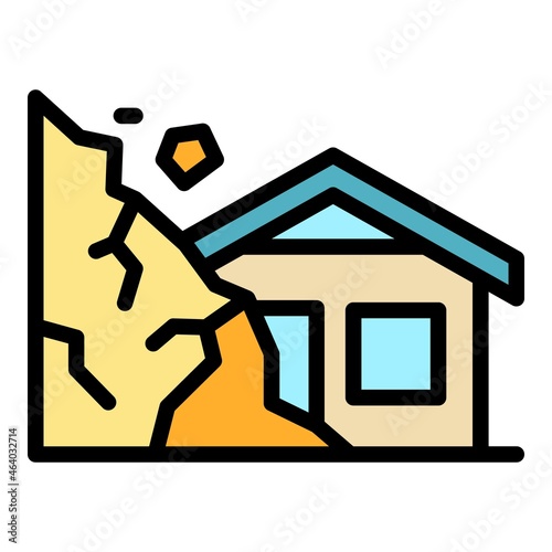 Destroyed rockfall house icon. Outline destroyed rockfall house vector icon color flat isolated