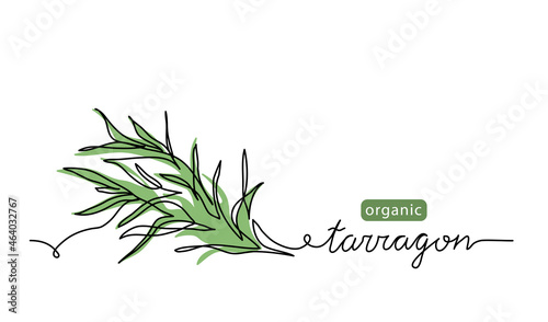 Tarragon, estragon leaves simple vector sketch drawing. One continuous line art illustration for herb label design with lettering tarragon photo