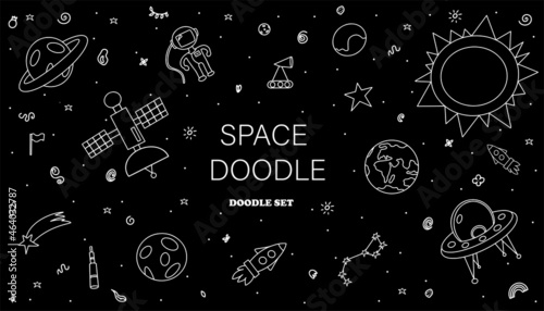 Hand draw space illustration with a rocket, astronaut, planets Cute, children s vector drawing Doodle icons Kid s elements for scrap-booking. Childish background