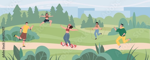 Vector flat cartoon characters enjoy sport activities at summer park-skating,jumping,running,doing yoga outdoor.Healthy sporty lifestyle social concept,web site banner ad design