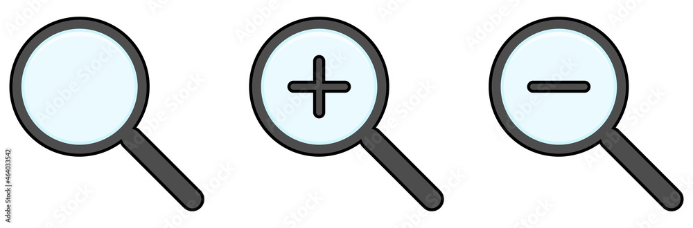 Magnifying glass icon set. Zoom in and out icons. Search sign. Find symbol. Vector illustration isolated on white background. Magnifying glass icon set. Zoom in and out icons. Search sign. Find symbol. Vector illustration isolated on white background.