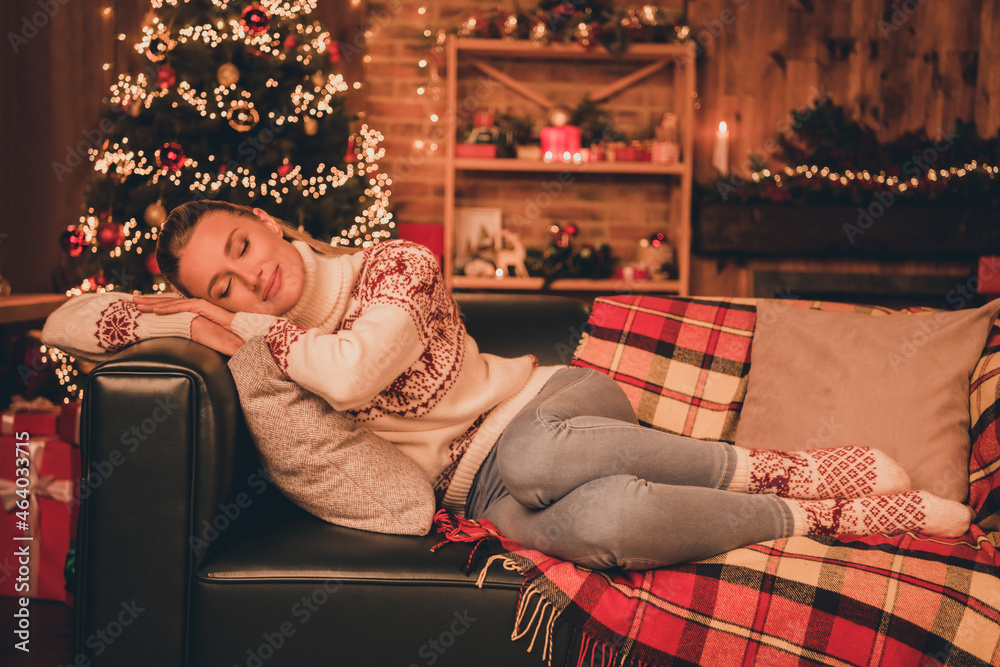 Photo of pretty dreamy young lady dressed print pullover enjoying christmas time smiling indoors room home house Photo of pretty dreamy young lady dressed print pullover enjoying christmas time smiling indoors room home house