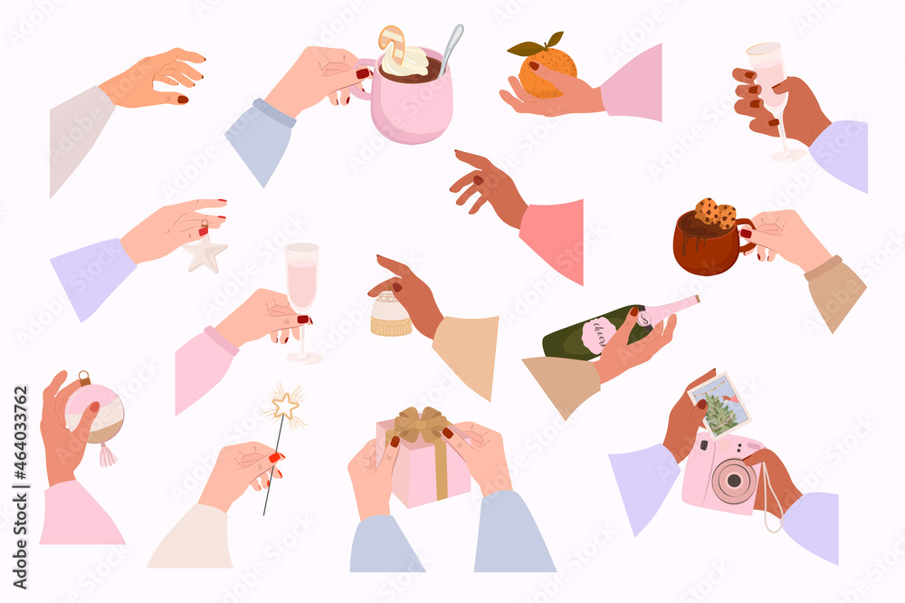Collection of Holidays scene with people hand and holidays decor, food. Perfect for Merry Christmas, Happy New Year, holidays, invitation and greeting card. Editable vector illustration.