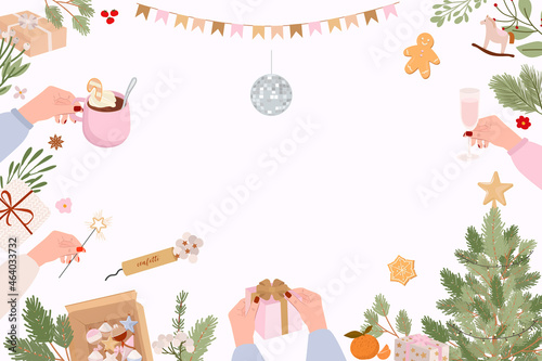 Holidays poster with seasonal cozy hygge home decor. Merry Christmas, Happy New Year, holidays, invitation card. Editable vector illustration.
