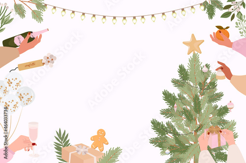 Holidays poster with seasonal cozy hygge home decor. Merry Christmas, Happy New Year, holidays, invitation card. Editable vector illustration.