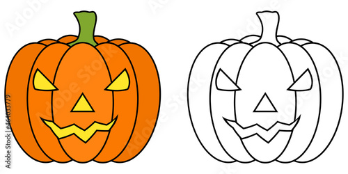 Cartoon halloween pumpkin colorful and black and white. Coloring book page for children. Colored and outline vector carved pumpkin illustration isolated on white. Game for kids.