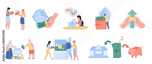 People and fund solution, budget planning, money saving, bank deposit, retirement investment set. Young and old character manage finance vector illustration