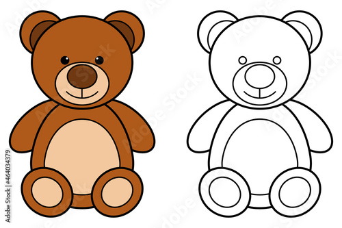 Cartoon teddy bear colorful and black and white. Coloring book page for children. Colored and outline vector children's toy illustration isolated on white. Game for kids.