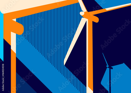 Banner with wind power plant. Placard design in abstract style.