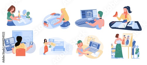 Freelancer creative designer girl working in different area set. Girl using computer digital program, graphic resources and stationery scene. Female design creator at workplace vector illustration