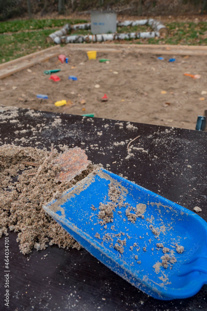 Stockholm, Sweden Oct 19, 2021 The outdoor playground at a Swedish daycare center, and a spade. Stockholm, Sweden Oct 19, 2021 The outdoor playground at a Swedish daycare center, and a spade.