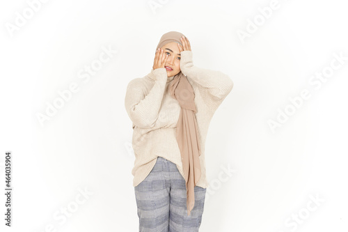 Smile and hands on face of Beautiful Asian Woman Wearing Hijab Isolated On White Background