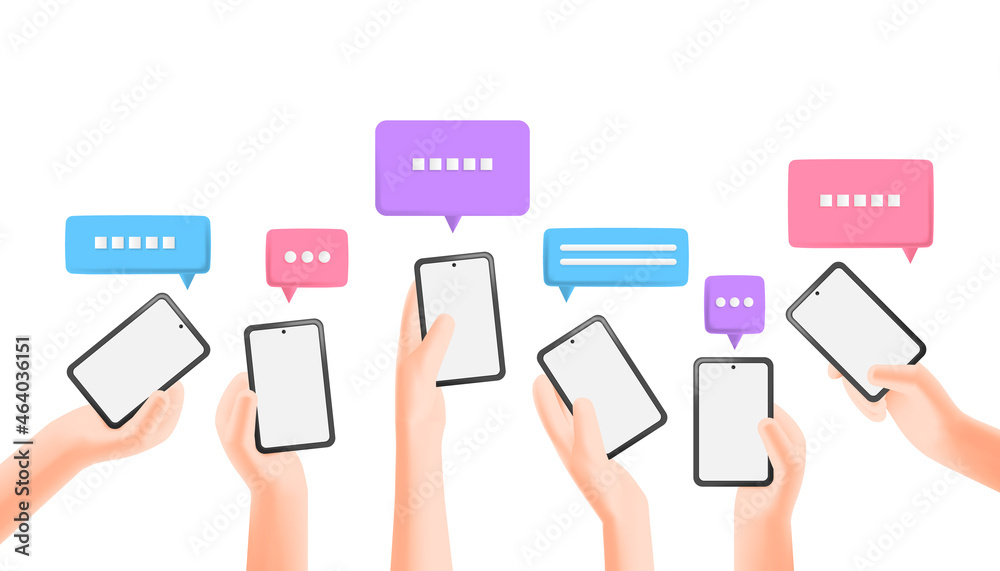 3D Cartoon illustration group of people raising hands holding smartphones with bubble chat icon 3D Cartoon illustration group of people raising hands holding smartphones with bubble chat icon