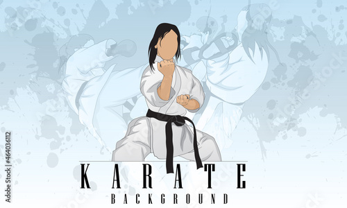 A woman in a martial arts karate fighting pose. Abstract background. Logo.
