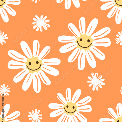 Seamless pattern with smiling daisy flower on orange background vector illustration. Cute hand drawn positive wallpaper.