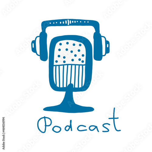 Media tool, mic and speech bubble doodle icon. Sound recording device, media equipment hand drawn vector illustration. Microphone, broadcasting facilities. Isolated. Podcast. Radio waves, logo design.