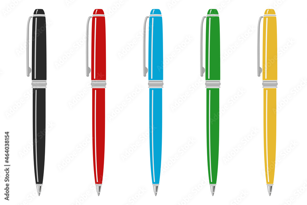 Bright black, red, blue, green, and yellow ballpens isolated on white background Bright black, red, blue, green, and yellow ballpens isolated on white background