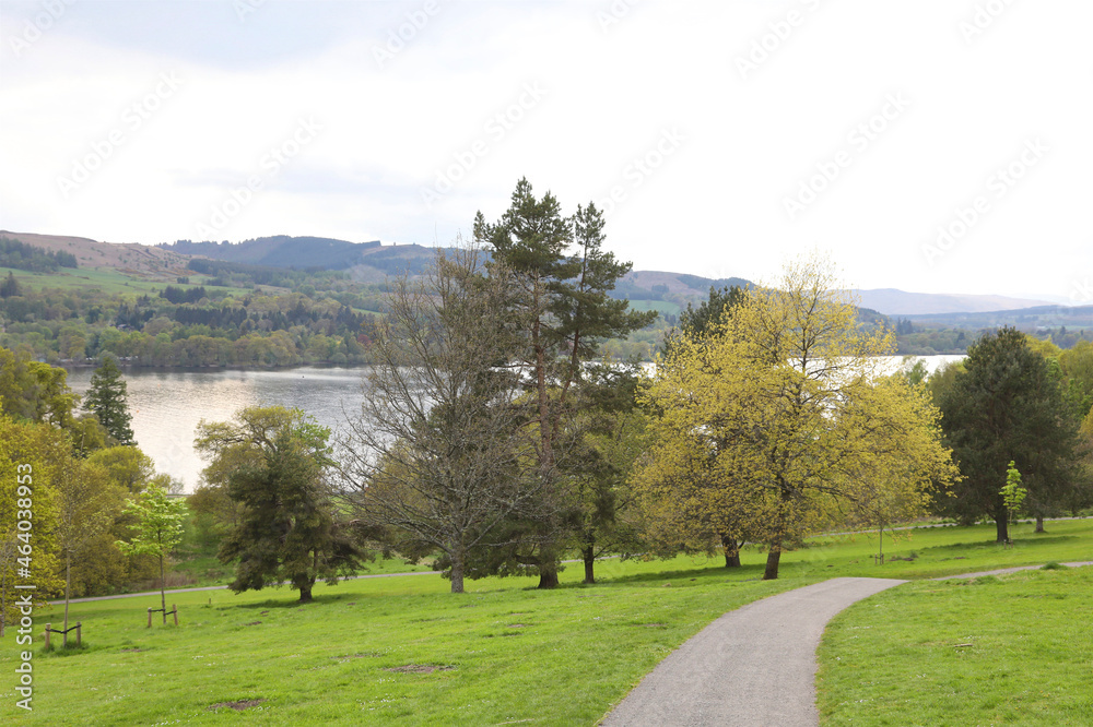 path in balloch country park with loch lomond in view