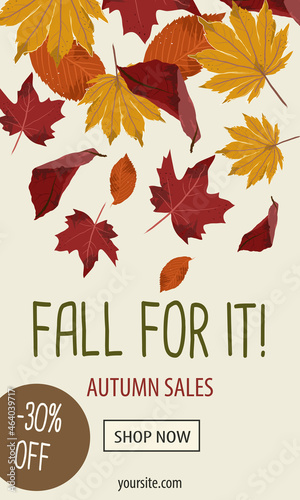 Vertical banner for autumn sales discounts with fall season foliage and the text Fall for it, Shop now button and 30% off. White background Vector. Perfect for social media marketing, ads...