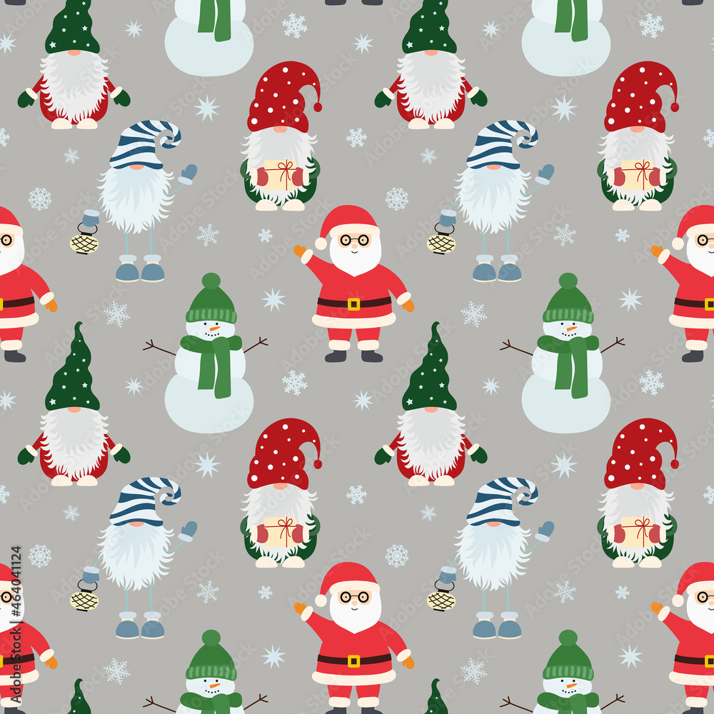 Christmas seamless pattern with scandinavian gnomes, santa claus and snowflakes. Christmas seamless pattern with scandinavian gnomes, santa claus and snowflakes.
