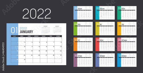 Year 2022 monthly desk calendar. Week starts Sunday. Vector template.