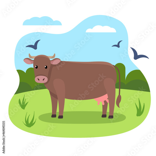 Vector illustrations of cow in simple cartoon style with the nature background with forest  sky  birds and flowers.
