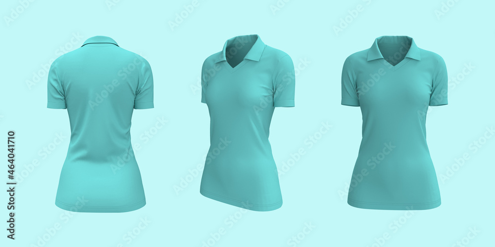 Women's collared t-shirt mockup, front, side and back views, design presentation for print, 3d illustration, 3d rendering Women's collared t-shirt mockup, front, side and back views, design presentation for print, 3d illustration, 3d rendering