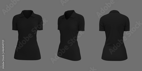 Women's collared t-shirt mockup, front, side and back views, design presentation for print, 3d illustration, 3d rendering