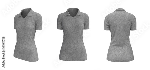 Women's collared t-shirt mockup, front, side and back views, design presentation for print, 3d illustration, 3d rendering