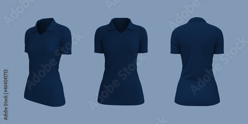 Women's collared t-shirt mockup, front, side and back views, design presentation for print, 3d illustration, 3d rendering