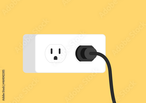 Black power cord vector. Black power cord cable plugged into yellow wall outlet on white yellow wall with copy space.