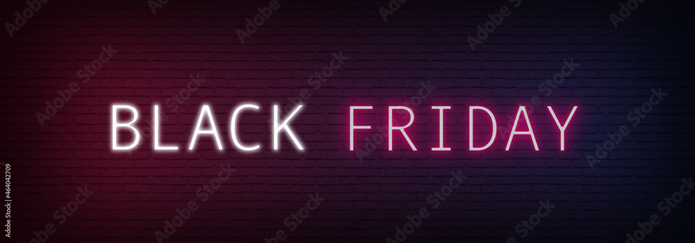 Black Friday text with neon light on brick wall background. Glowing blue and red neon text for advertising, banner and background, brochure and flyer design concept. Black Friday text with neon light on brick wall background. Glowing blue and red neon text for advertising, banner and background, brochure and flyer design concept.