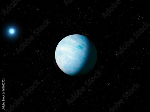 Earth-like planet with blue star. Beautiful cosmic landscape. Exoplanet where life is possible. 