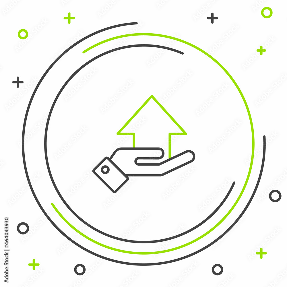 Line Money on hand icon isolated on white background. Palm holds cash with arrow up. Cash salary increase. Rising prices. Colorful outline concept. Vector Line Money on hand icon isolated on white background. Palm holds cash with arrow up. Cash salary increase. Rising prices. Colorful outline concept. Vector
