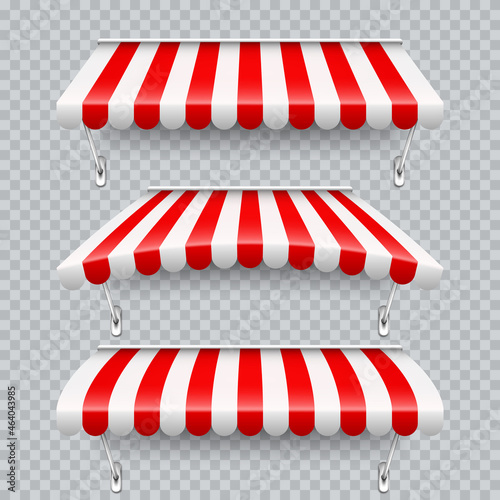 Shop sunshade with metal mount. Realistic red striped cafe awning. Outdoor market tent. Roof canopy. Summer street store. Vector illustration.