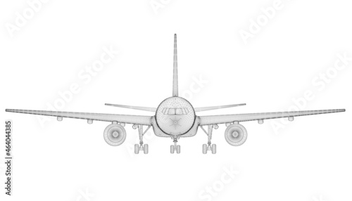 Passenger airplane wireframe isolated on white background. Front view. 3D. Vector illustration