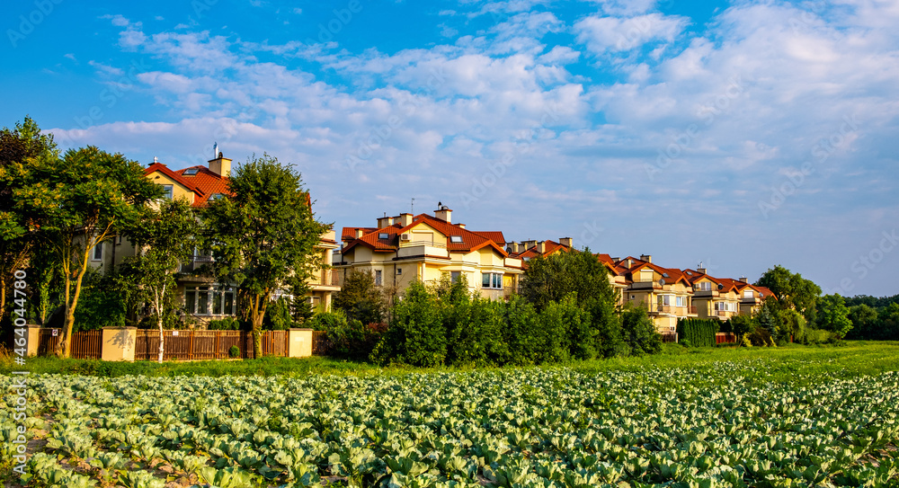 Panoramic view of residential estates near Las Kabacki Forest neighboring farming fields in Kabaty district of Warsaw in central Poland